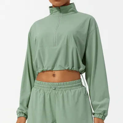 Women Casual Half Zipper High Collar Long-Sleeve Drawstring Sun Protection Yoga Jacket