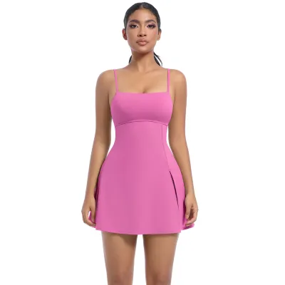 Women Casual Solid Color Spaghetti Strap Backless Breathable With Chest Pad Sports Tennis Dress