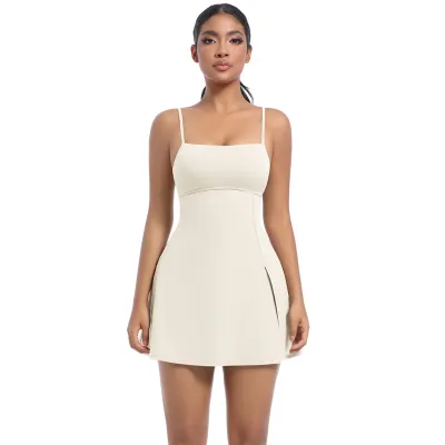 Women Casual Solid Color Spaghetti Strap Backless Breathable With Chest Pad Sports Tennis Dress