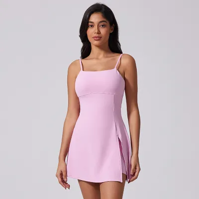 Women Casual Solid Color Spaghetti Strap Backless Breathable Sports Dress With Chest Pad