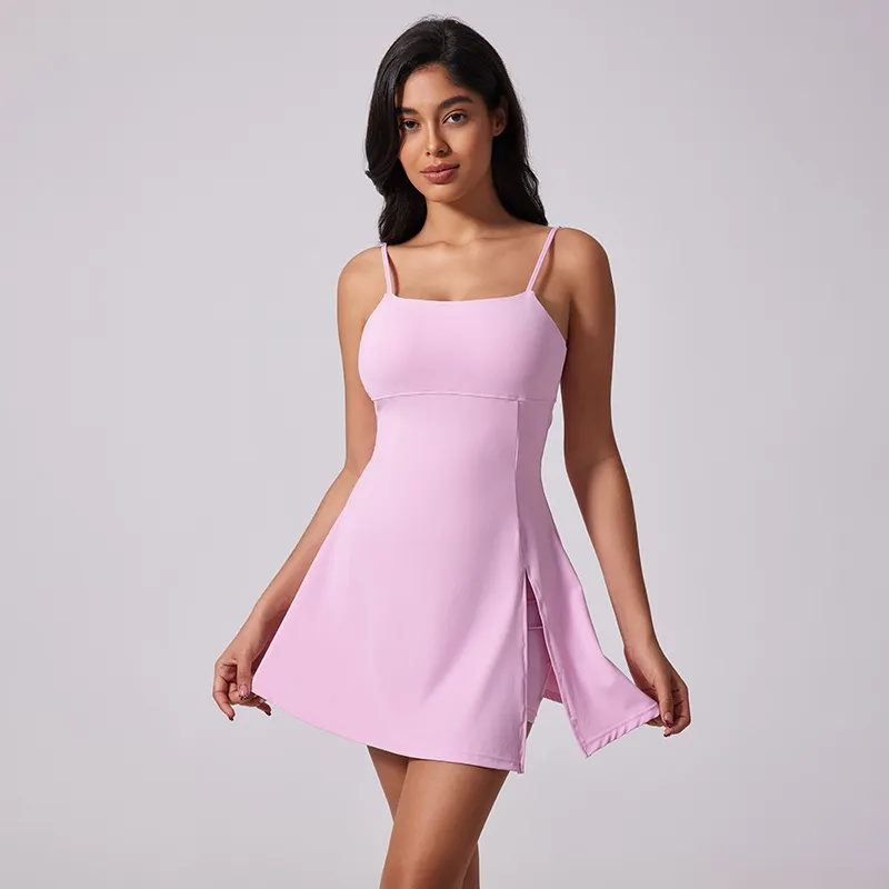Women Casual Solid Color Spaghetti Strap Backless Breathable Sports Dress With Chest Pad