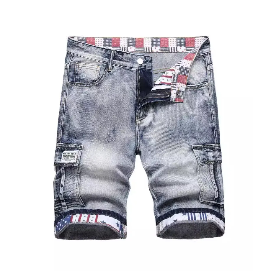 Men Fashion Casual Printed Multi-Pocket Denim Shorts