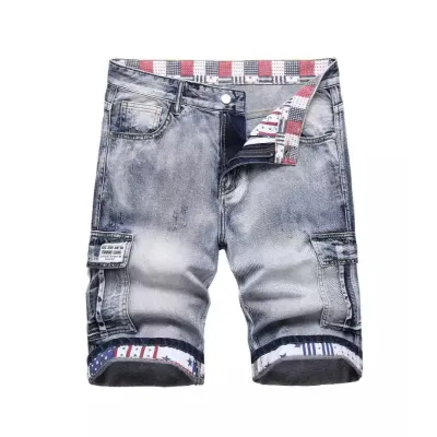 Men Fashion Casual Printed Multi-Pocket Denim Shorts