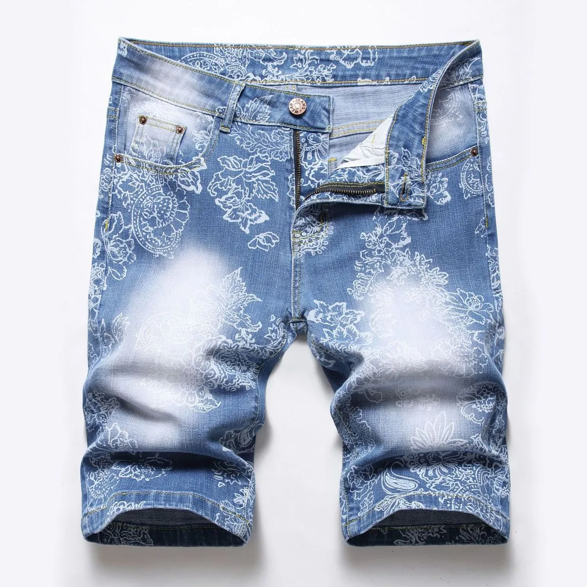Men Fashion Casual Stretch Print Denim Shorts Mid-Waist Cotton Blend