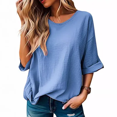 Women Casual Cotton Blend Solid Color Short Sleeve T-Shirt