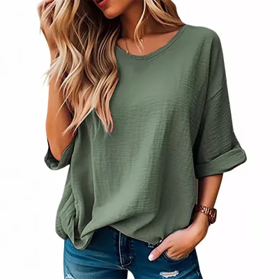 Women Casual Cotton Blend Solid Color Short Sleeve T-Shirt