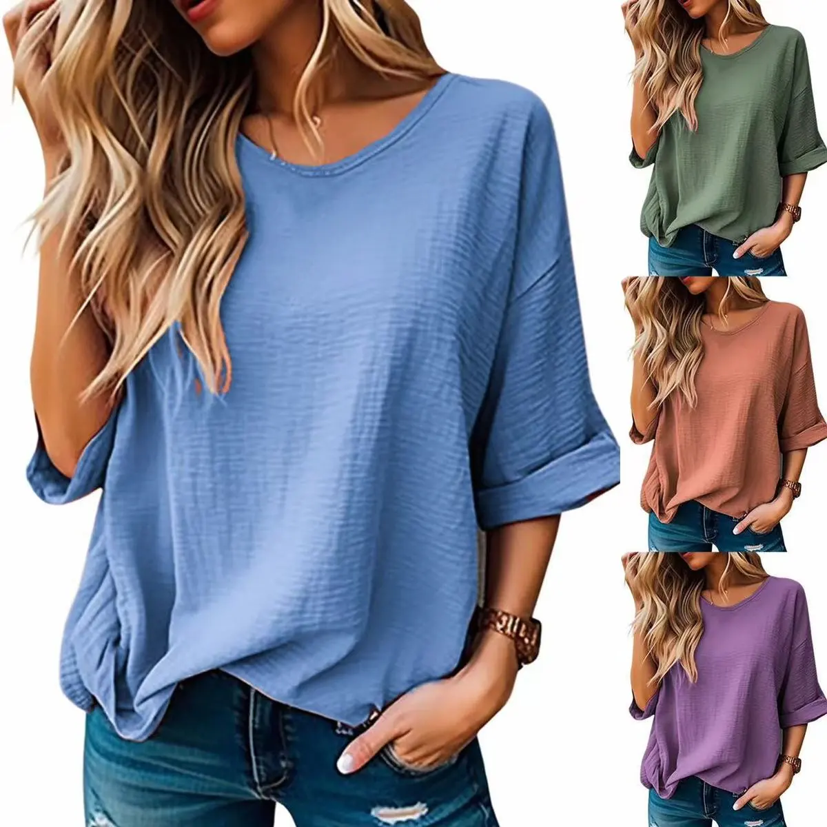 Women Casual Cotton Blend Solid Color Short Sleeve T-Shirt