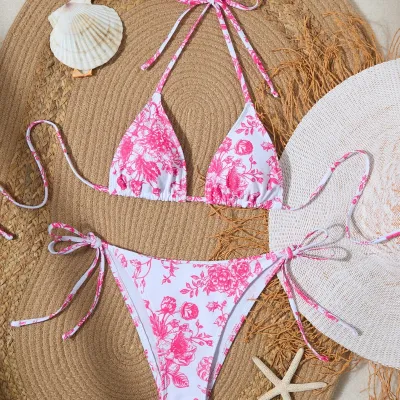 Women Fashion Sexy Leopard Halter-Neck Lace-Up Bikini Swimsuit
