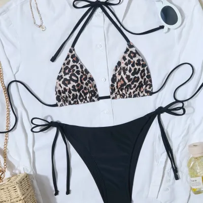 Women Fashion Sexy Leopard Halter-Neck Lace-Up Bikini Swimsuit