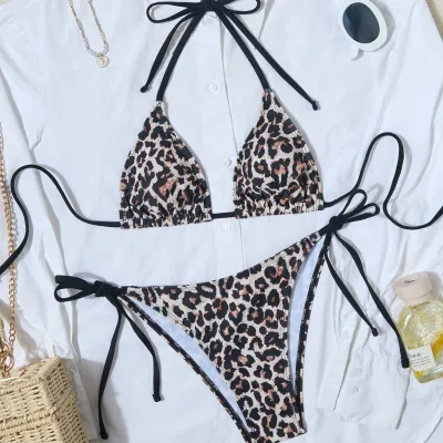 Women Fashion Sexy Leopard Halter-Neck Lace-Up Bikini Swimsuit