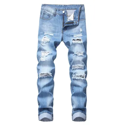 Men Fashion Casual Ripped Straight Slim-Fit Non-Elastic Jeans