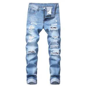 Men Casual Ripped Straight Slim-Fit Non-Elastic Cotton Denim Jeans