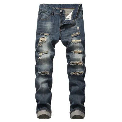 Men Casual Ripped Straight Slim-Fit Non-Elastic Cotton Denim Jeans