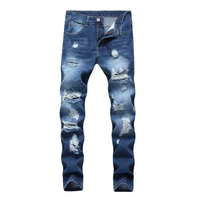 Men Fashion Casual Ripped Slim-Fit Straight Jeans Long Mid-Waist Cotton Blend
