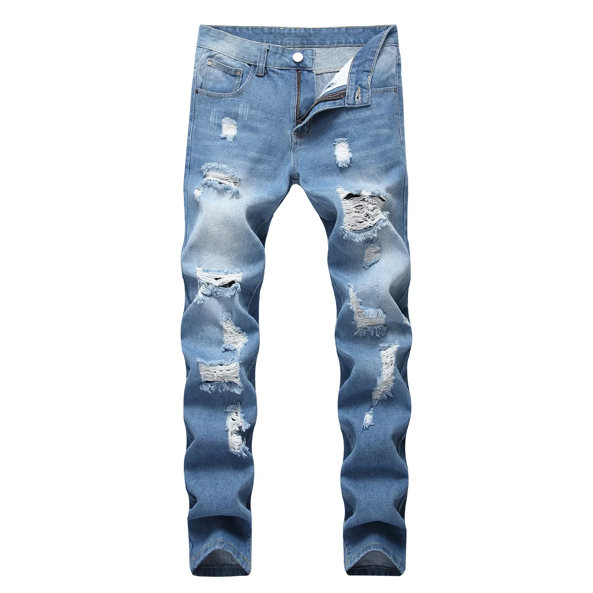 Men Fashion Casual Ripped Slim-Fit Straight Jeans Long Mid-Waist Cotton Blend