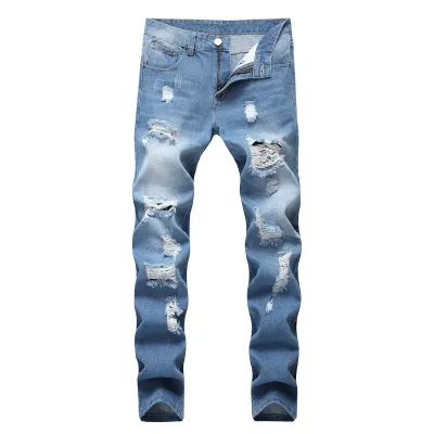 Men Fashion Casual Ripped Slim-Fit Straight Jeans