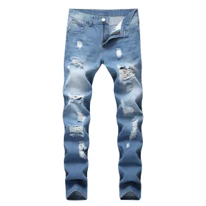 Men Fashion Casual Ripped Slim-Fit Straight Jeans Long Mid-Waist Cotton Blend