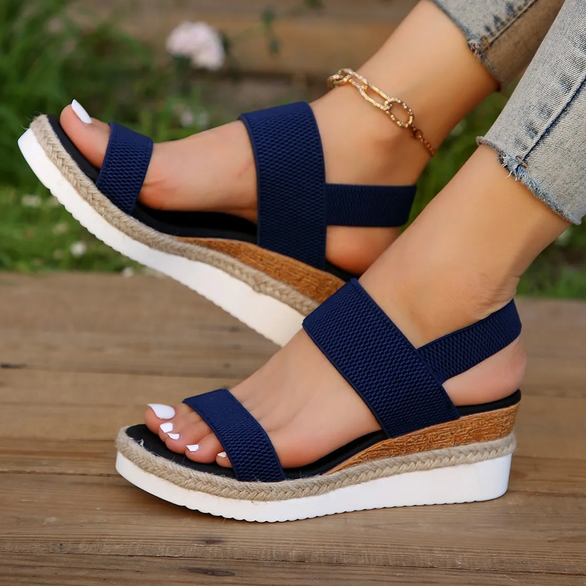 Women Fashion Casual Hemp Rope Peep-Toe Wedge Sandals Solid Color Platforms