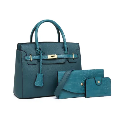 Fashion Solid Color Large Capacity Handbag Three Piece Set PU Leather Zipper Closure Medium Size