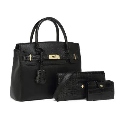 Fashion Solid Color Large Capacity Handbag Three Piece Set PU Leather Zipper Closure Medium Size