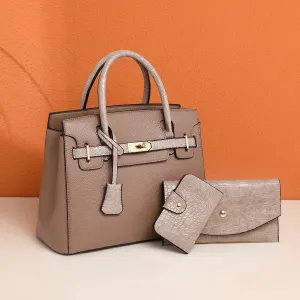 Fashion Solid Color Large Capacity Handbag Three Piece Set PU Leather Zipper Closure Medium Size
