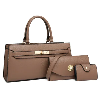 Vintage Solid Color Large Capacity PU Handbag Three-Piece Set with Shoulder Strap