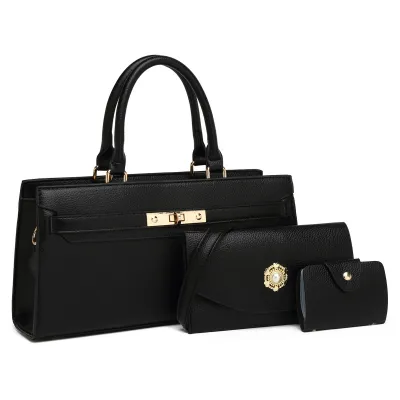 Vintage Solid Color Large Capacity PU Handbag Three-Piece Set with Shoulder Strap