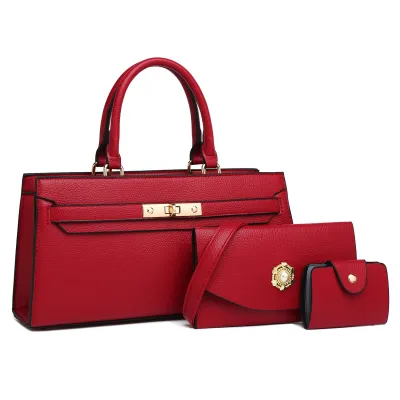 Vintage Solid Color Large Capacity PU Handbag Three-Piece Set with Shoulder Strap