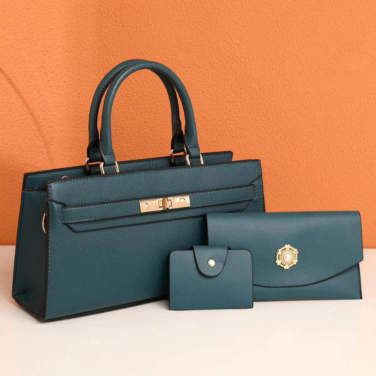 Vintage Solid Color Large Capacity PU Handbag Three-Piece Set with Shoulder Strap