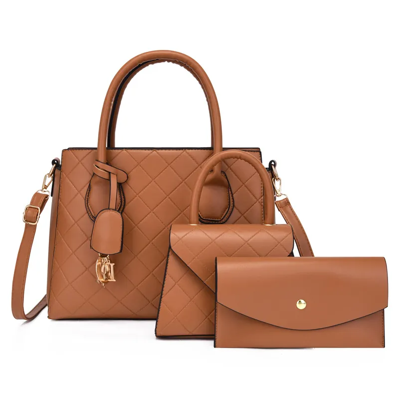 Fashion Street Trend Solid Color Large Capacity PU Handbag Three Piece Set with Zipper
