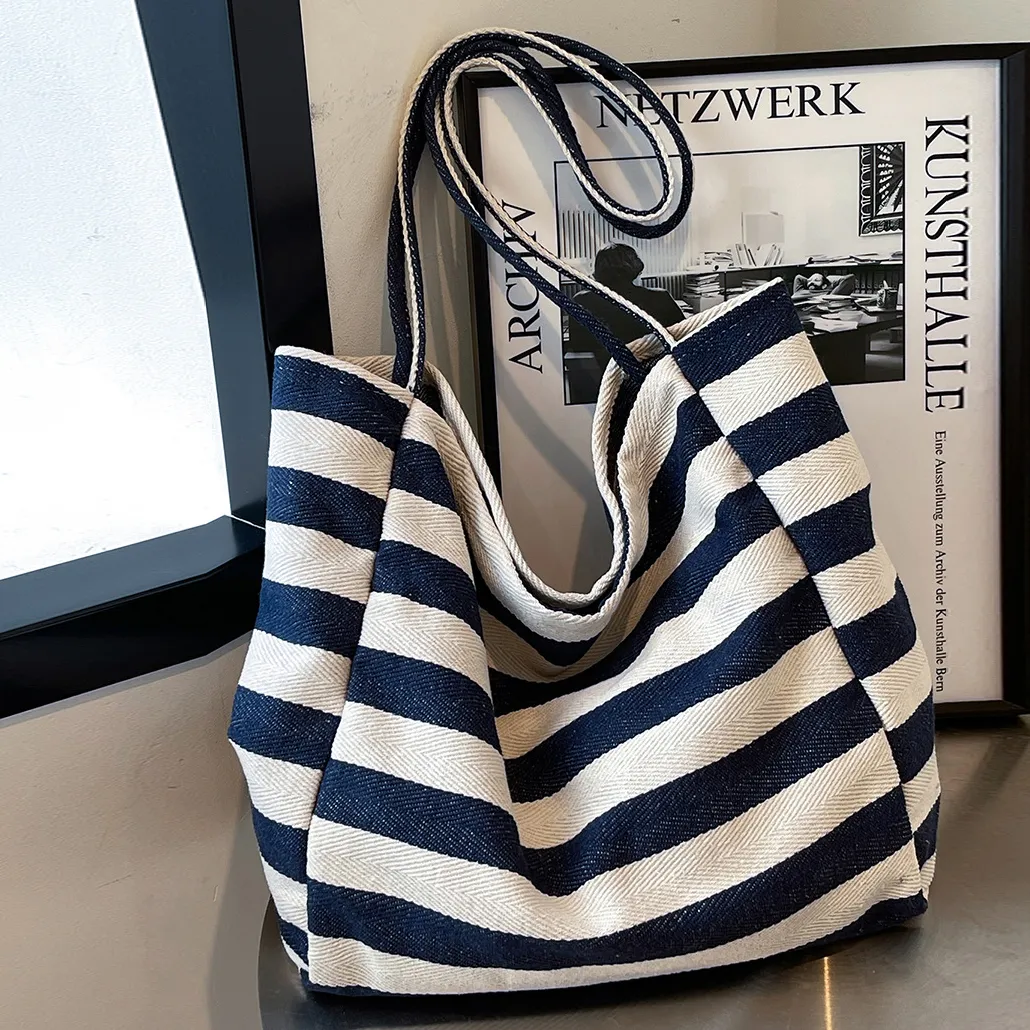 Simple Casual Large Capacity Stripe Canvas Tote Bag