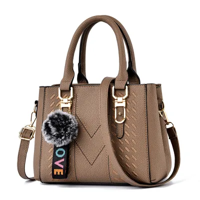 Women Fashion Casual Solid Color Fur Ball Pendant PU Handbag