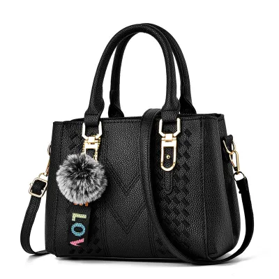 Women Fashion Casual Solid Color Fur Ball Pendant PU Handbag