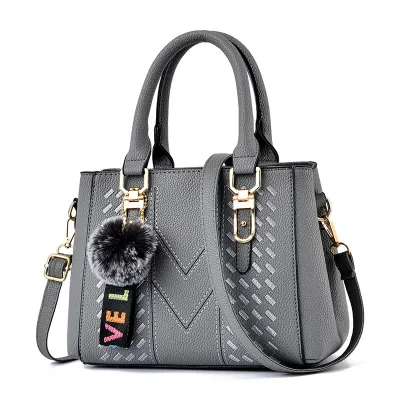 Women Fashion Casual Solid Color Fur Ball Pendant PU Handbag