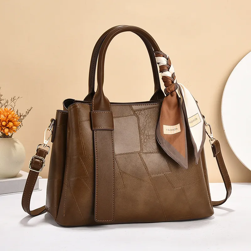 Women Fashion Casual Ribbon PU Tote Handbag with Zipper