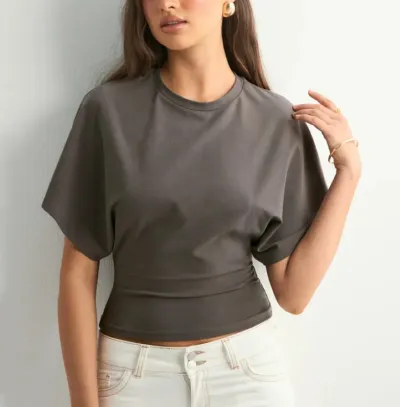 Women Casual Solid Color Bat Sleeve Crewneck T-Shirt