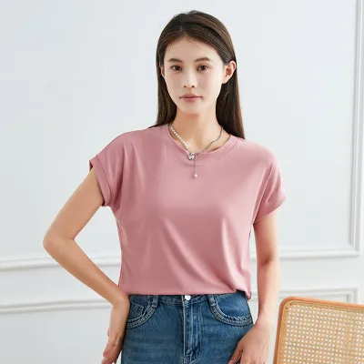 Women Casual Solid Color Short-Sleeve Loose Fit Bat Sleeve T-Shirt
