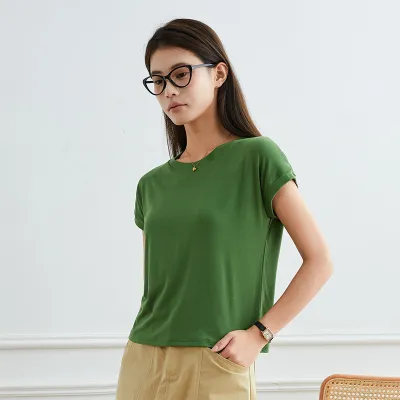Women Casual Solid Color Short-Sleeve Loose Fit Bat Sleeve T-Shirt