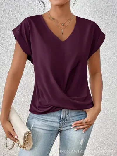 Women's Casual V-Neck Short Sleeve T-Shirt - Commuter Wind Style