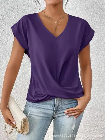 Women's Casual V-Neck Short Sleeve T-Shirt - Commuter Wind Style