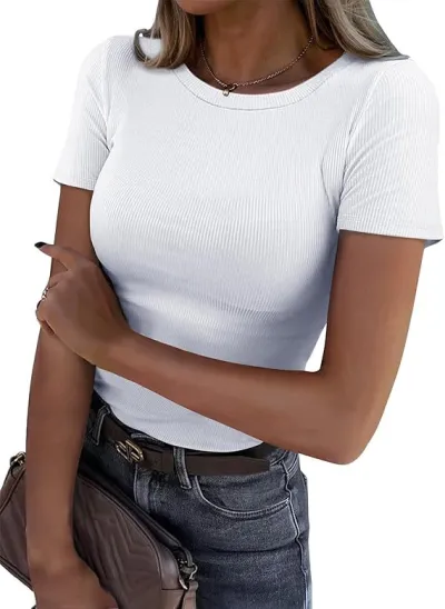 Women Fashion Solid Color Stretch Rib Round Neck Long Sleeve Slim Fit T-Shirt