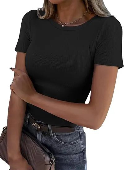 Women Fashion Solid Color Stretch Rib Round Neck Long Sleeve Slim Fit T-Shirt