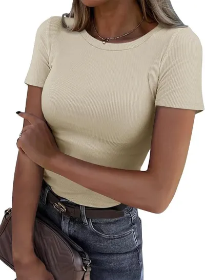 Women Fashion Solid Color Stretch Rib Round Neck Long Sleeve Slim Fit T-Shirt