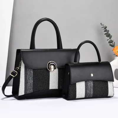 Women Color Blocking 2 In 1 Flap PU Handbag Urban Simplicity Zipper Child-Mother Bag Horizontal Square Medium Soft