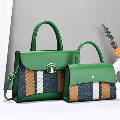 Women Color Blocking 2 In 1 Flap PU Handbag Urban Simplicity Zipper Child-Mother Bag Horizontal Square Medium Soft