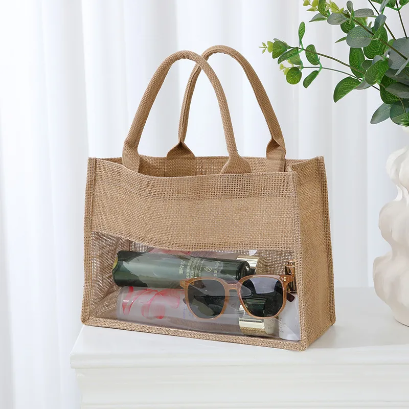 Jute Pvc Patchwork Women Casual Linen Tote Bag