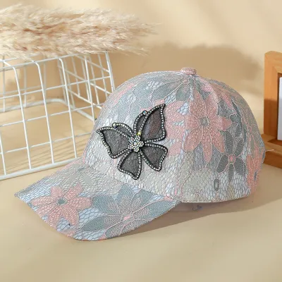 Women's Fashion Lace Rhinestone Butterfly Breathable Sunscreen Baseball Cap