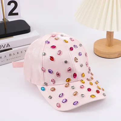 Women Fashion Casual Solid Color Rhinestone Baseball Cap Dome Cotton
