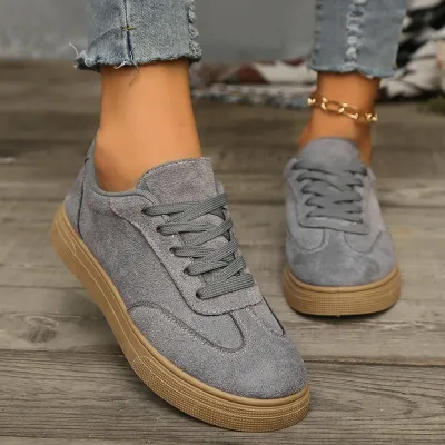 Women Fashion Casual Solid Color Suede Flat Lace-Up Sneakers