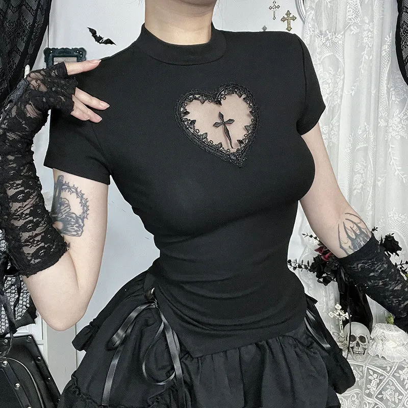 Women Gothic Cross Hollow-Out Slim-Fit Short T-Shirt